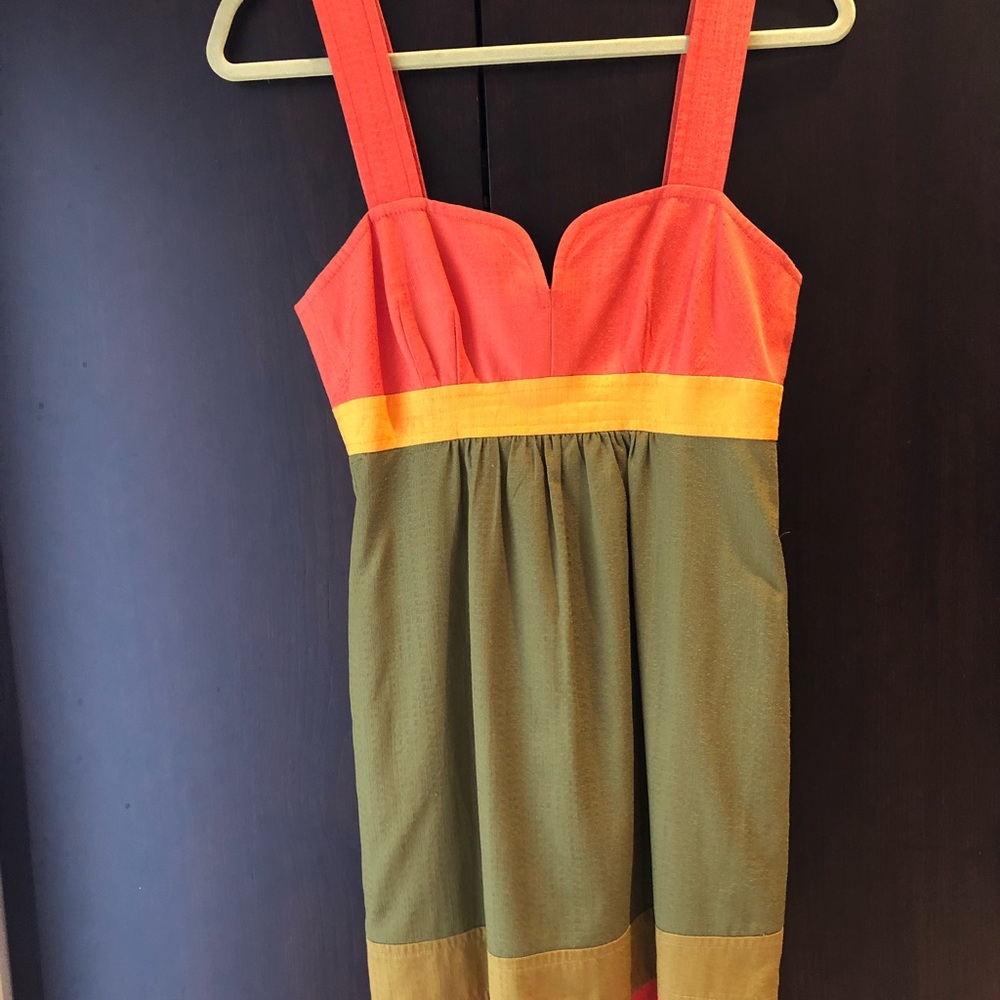 Trina Turk Coral, Yellow and Olive Green Colorblock Sundress